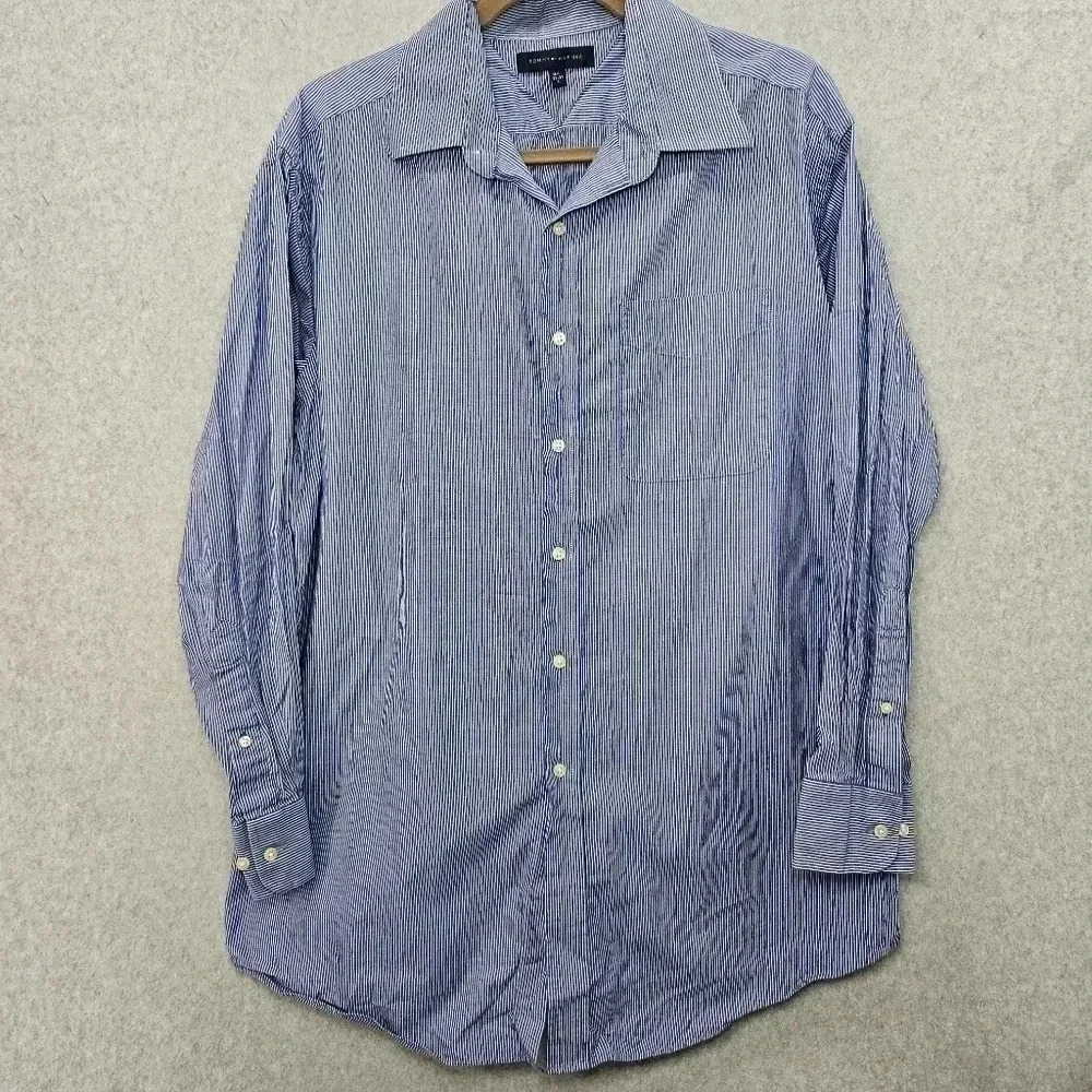 Tommy Hilfiger Mens Striped Blue White Dress Shirt Size 16.5‎ Neck 32-33 Sleeve